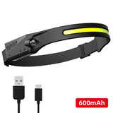 Induction COB LED Headlamp – USB Rechargeable Head Torch with Built-in Battery, 5 Lighting Modes, and Motion Sensor