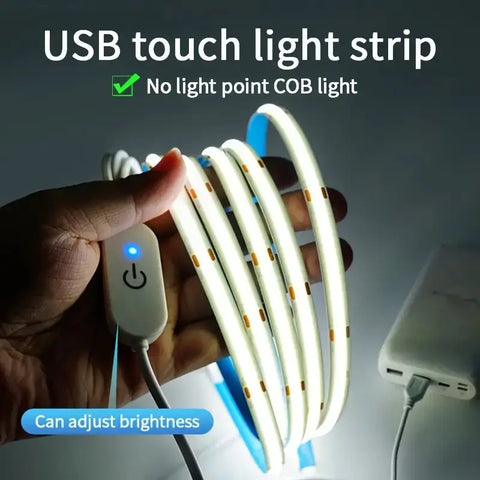 LED COB Light Strip with Touch Dimmer – Flexible USB-Powered 5V Tape for DIY Indoor Lighting, TV Backlight, Mirror, and Wall Decor