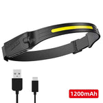 Induction COB LED Headlamp – USB Rechargeable Head Torch with Built-in Battery, 5 Lighting Modes, and Motion Sensor