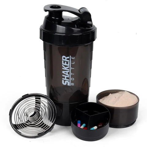 3-Layer Shaker Protein Bottle – Plastic Mixing Cup for Protein Powder and Water, Perfect for Bodybuilding and Exercise